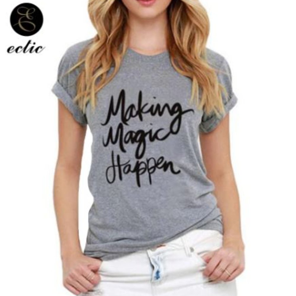 .Making Magic Happen Roll-Sleeve Tee by Yoins